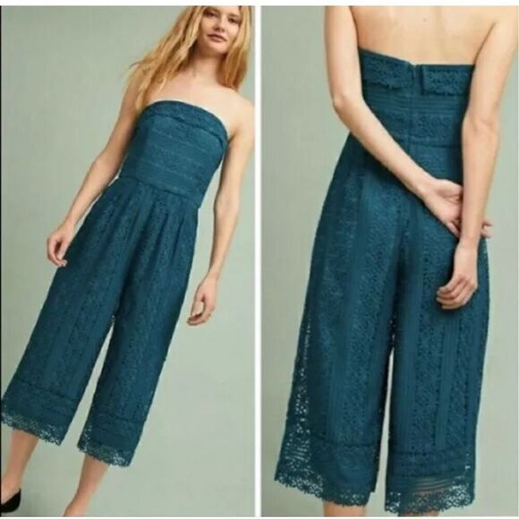 NWT Anthropologie Greylin Stowe Lace Jumpsuit Teal Strapless Wide Leg Size Petit - Picture 2 of 9